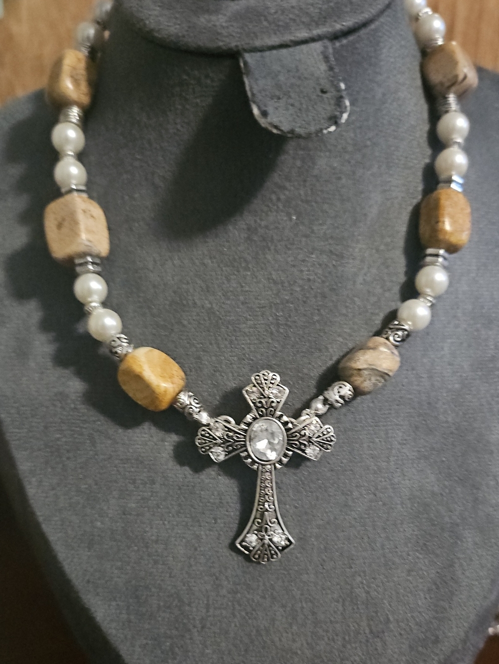 Brown Stone Bead Necklace with Silver Cross Pendant